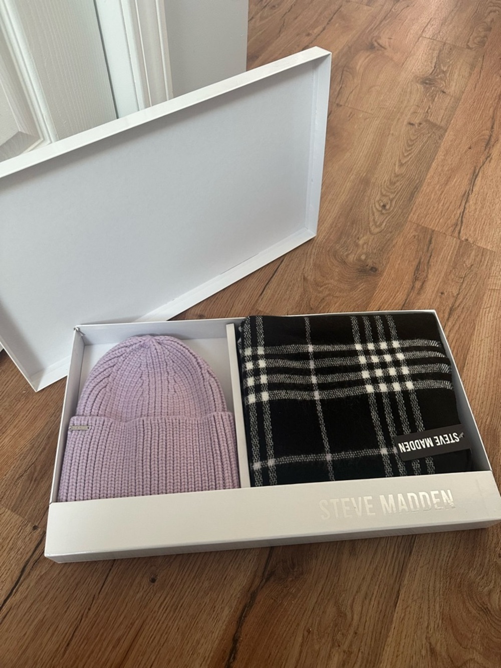 Steve Madden Lavender Ribbed Beanie with Black Plaid Scarf Set